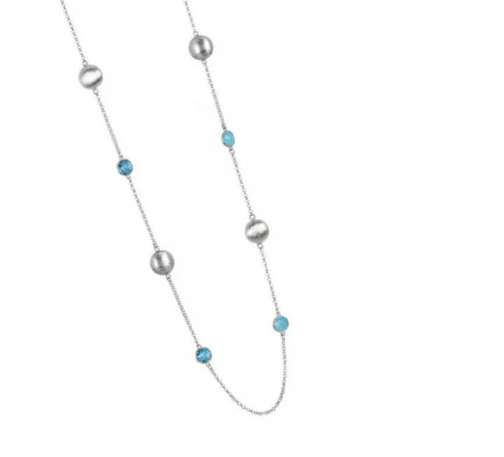 Collana lunga con cristalli sky e celeste milk ed elementi graffiati