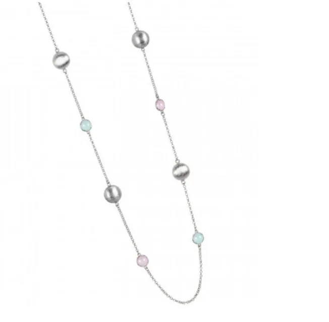 Collana lunga con cristalli verde milk, color quarzo rosa milk ed elementi graffiati