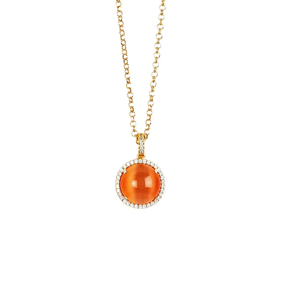 Collana lunga con cabochon arancione gatteggiante e zirconi