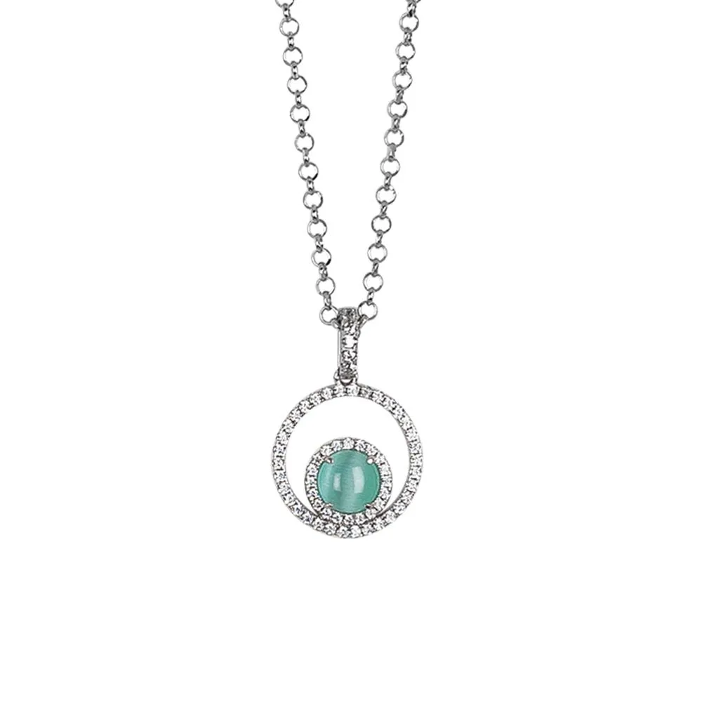 Collana con pendente di zirconi e cabochon verde acqua gatteggiante