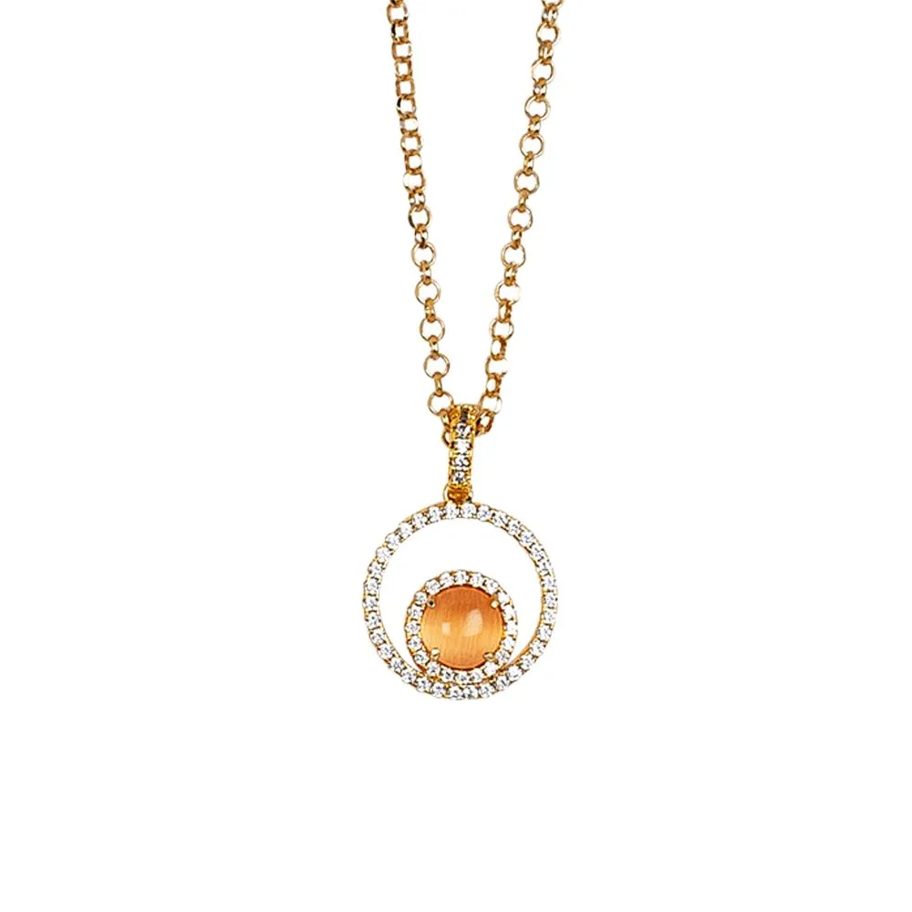 Collana con pendente di zirconi e cabochon arancione gatteggiante