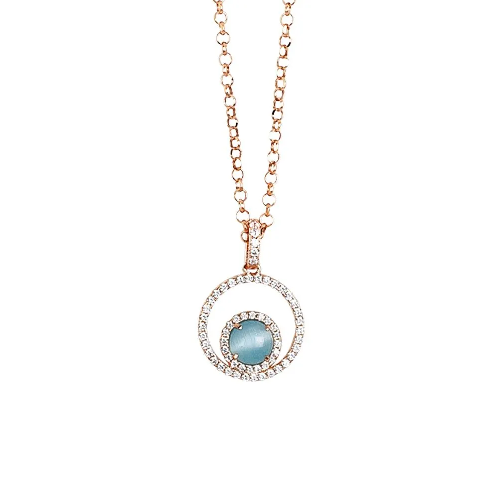 Collana con pendente di zirconi e cabochon celeste gatteggiante