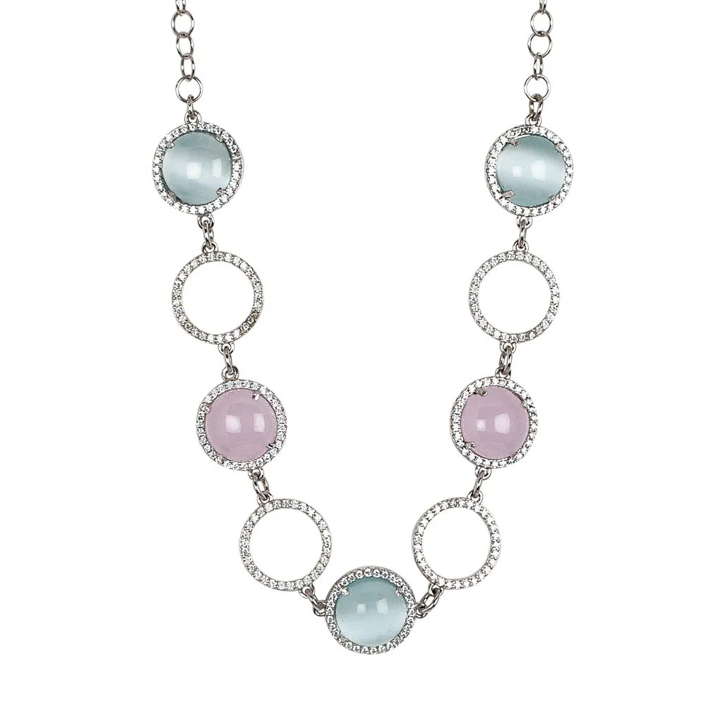 Collana con zirconi, cabochon rosa chiaro e celeste gatteggiante