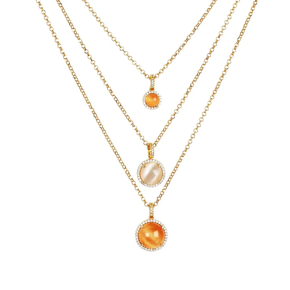 Collana multifilo con zirconi e cabochon arancione gatteggiante e beige