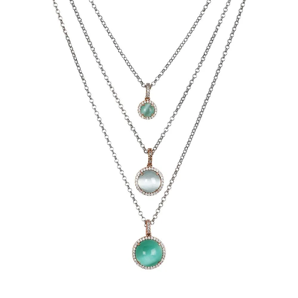 Collana multifilo con zirconi e cabochon verde acqua gatteggiante e celeste