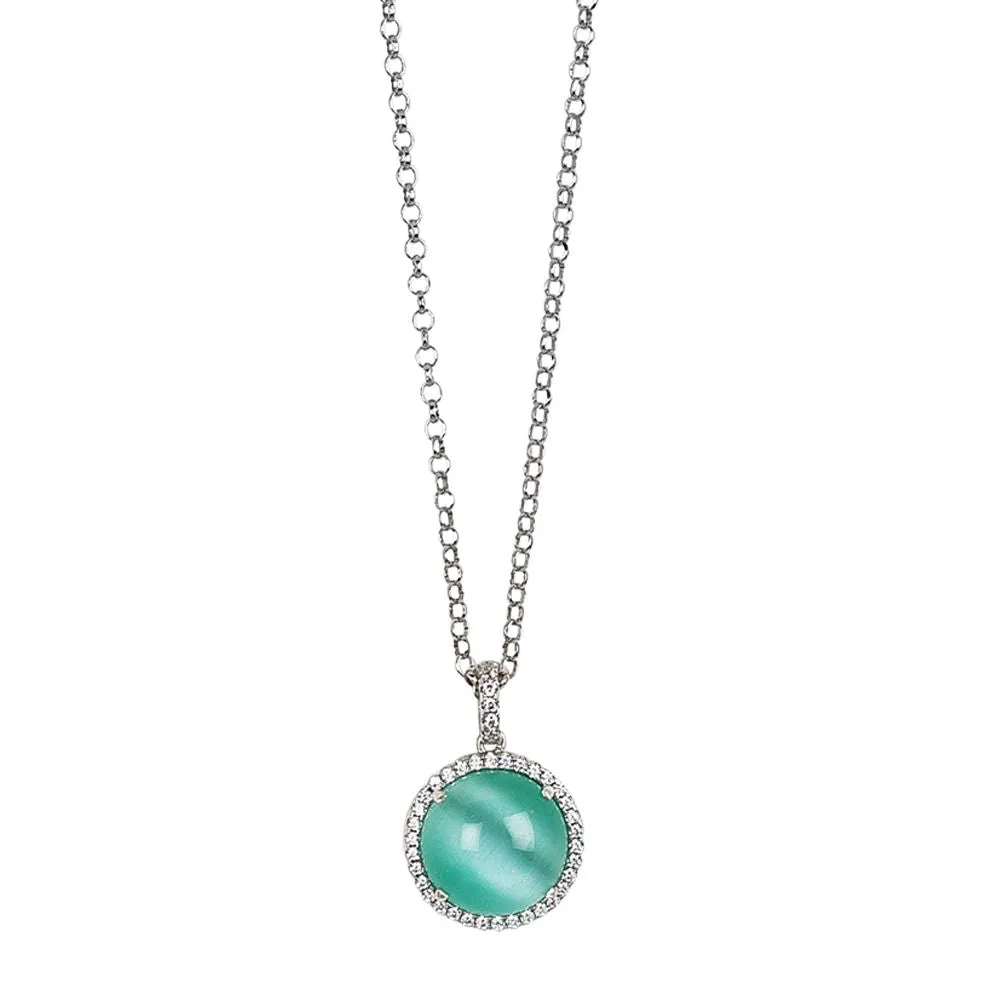 Collana lunga con pendente cabochon verde acqua gatteggiante su base di zirconi