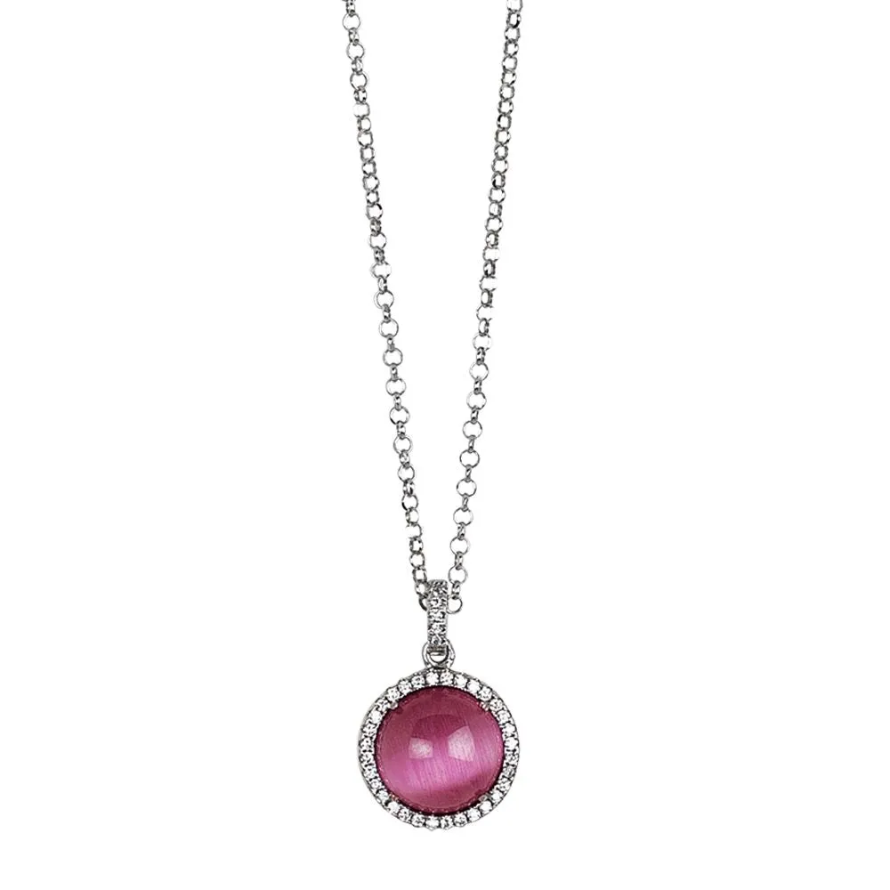 Collana lunga con pendente cabochon fucsia gatteggiante su base di zirconi