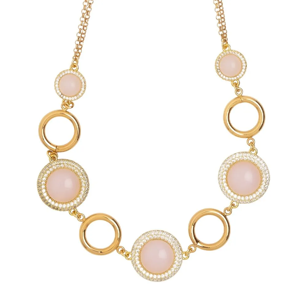 Collana doppio filo con decoro di cabochon rosa chiaro e zirconi