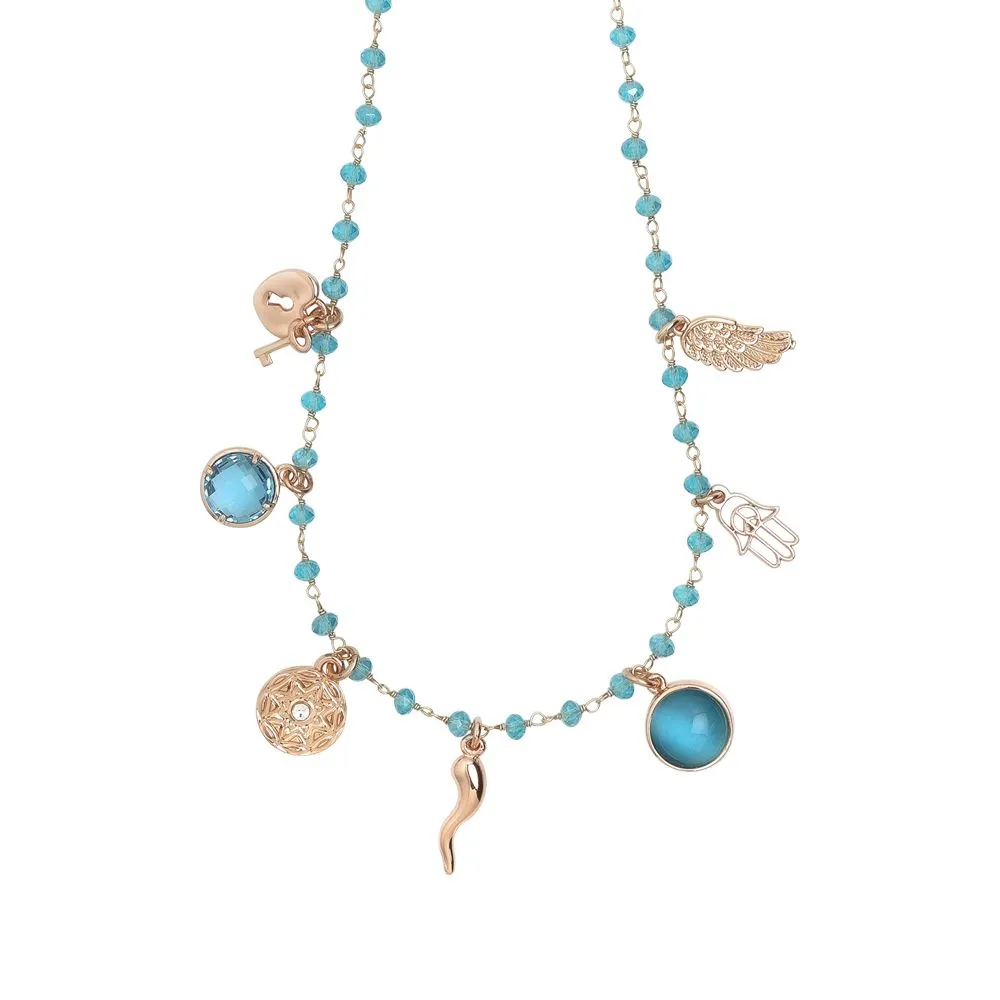 Collana rosario con cristalli Sky e charms tema "buona sorte"
