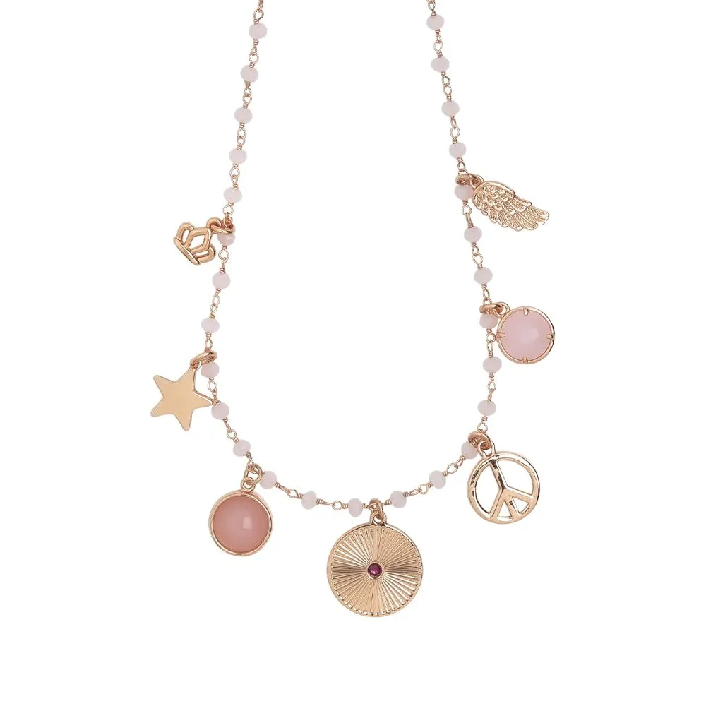 Collana rosario con cristalli rosa e charms tema "amicizia"