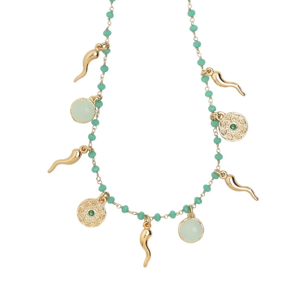 Collana rosario con cristalli verde acqua e charms tema "buona sorte"