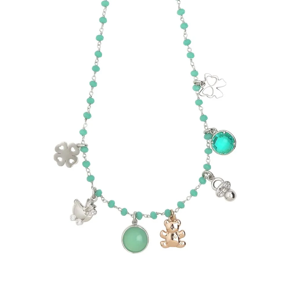 Collana rosario con cristalli verde acqua e charms tema "nascita"