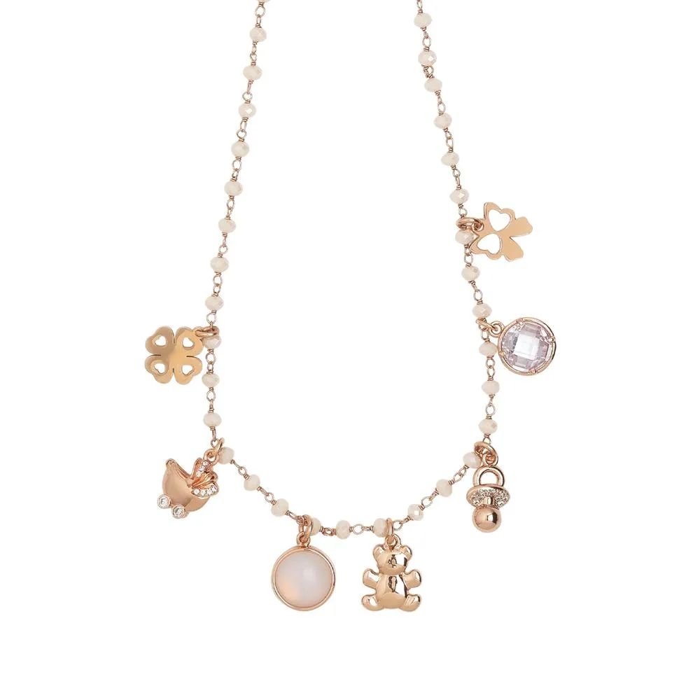 Collana rosario con cristalli powder white e charms tema "nascita"