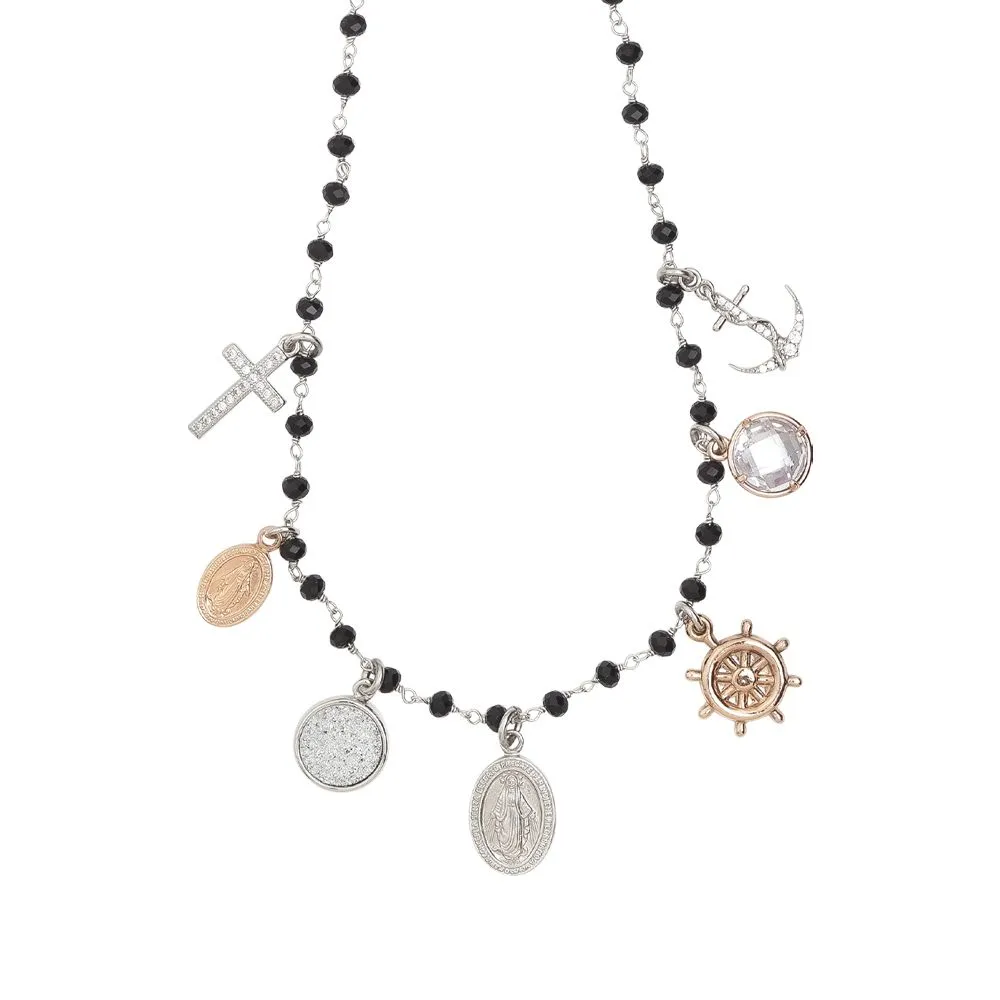 Collana rosario con cristalli neri e charms tema "fede"