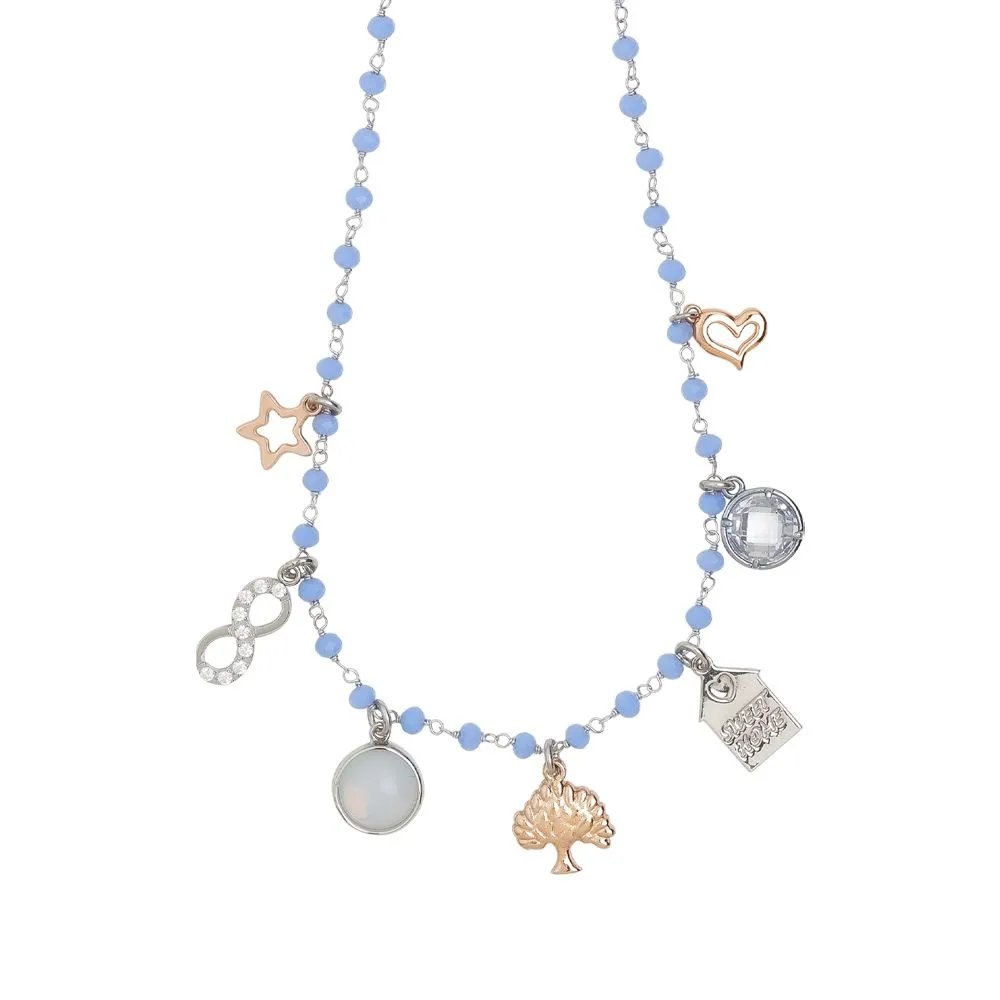 Collana rosario con cristalli azzurri e charms tema "famiglia"