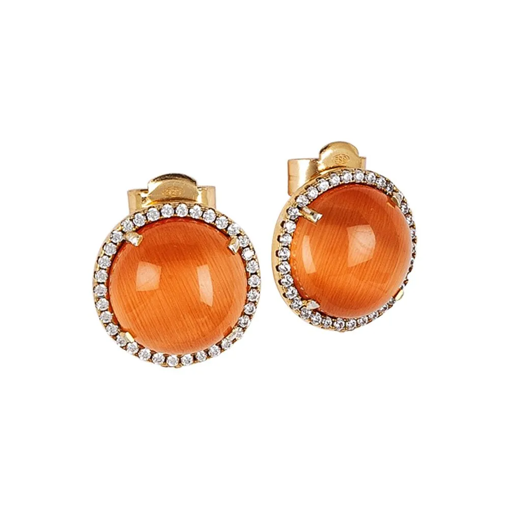 Orecchini a lobo con zirconi e cabochon arancione gatteggiante