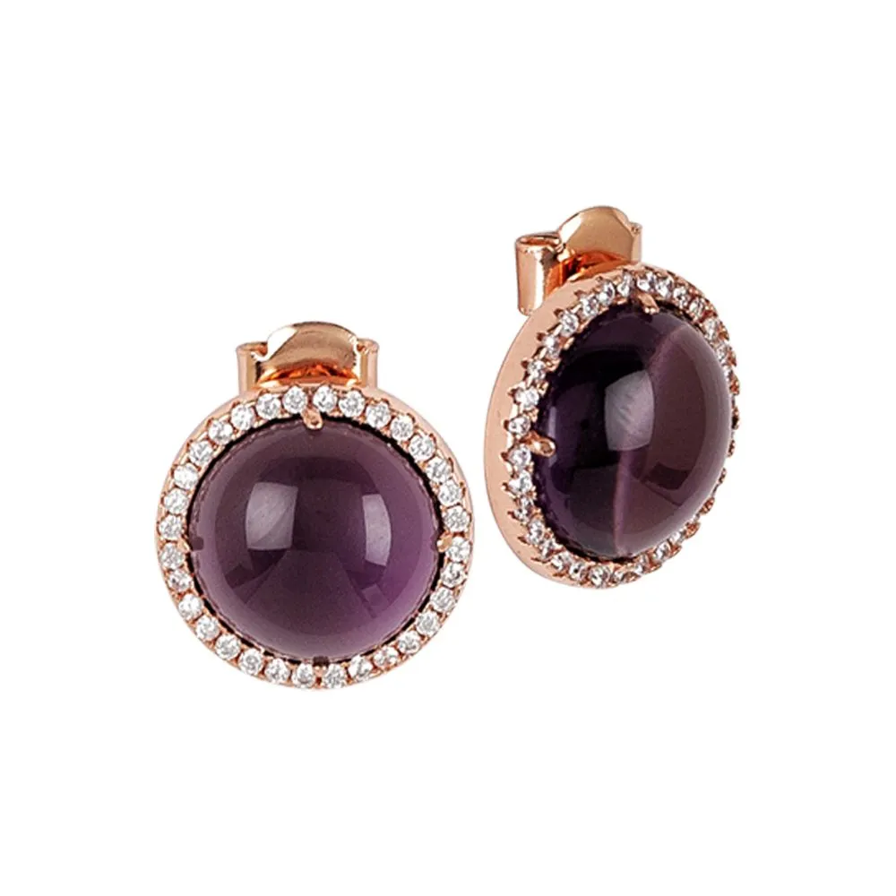 Orecchini a lobo con zirconi e cabochon color ametista gatteggiante