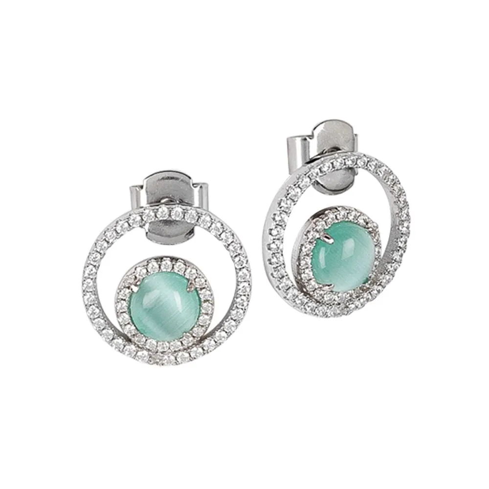 Orecchini con zirconi e cabochon interno verde acqua gatteggiante