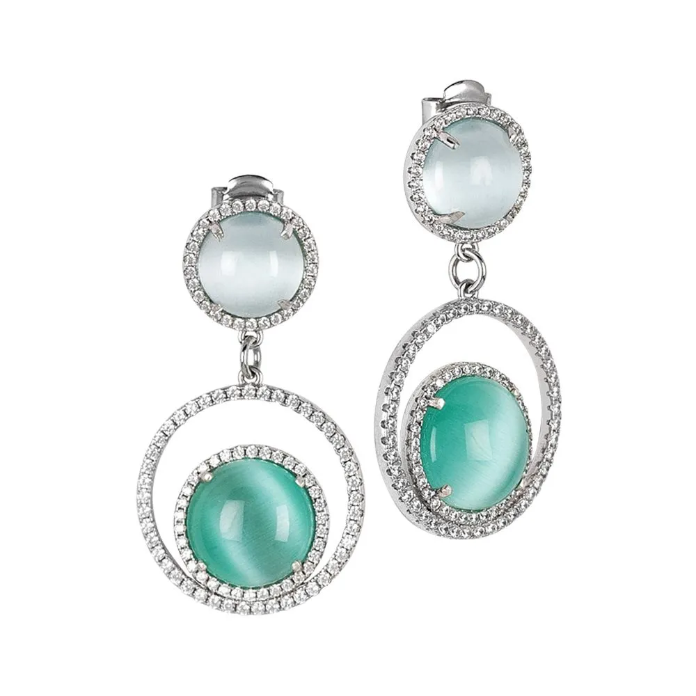 Orecchini con zirconi e cabochon verde acqua e celeste gatteggianti