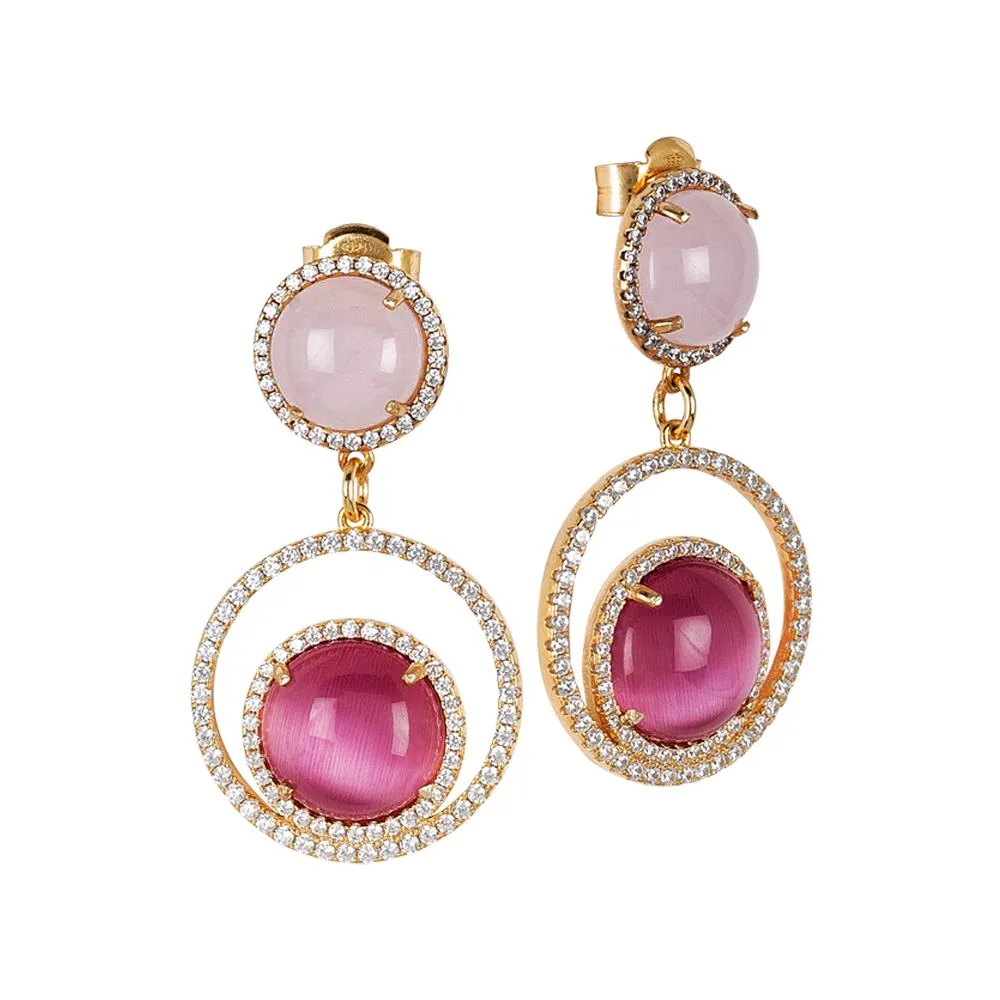 Orecchini con zirconi e cabochon rosa chiaro e fucsia gatteggiante