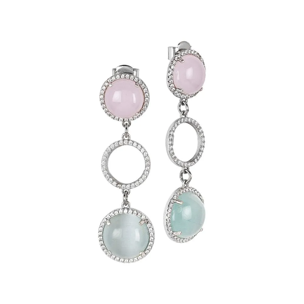 Orecchini pendenti con zirconi e cabochon rosa e celeste chiaro