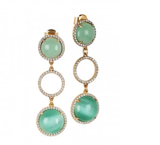 Orecchini pendenti con zirconi e cabochon verde acqua gatteggiante e verde acqua opaco