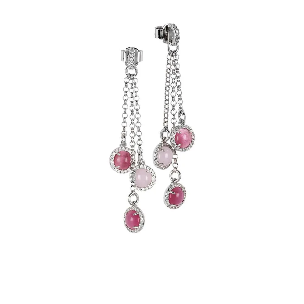 Orecchini a ciuffetto con zirconi e cabochon rosa chiaro e fucsia