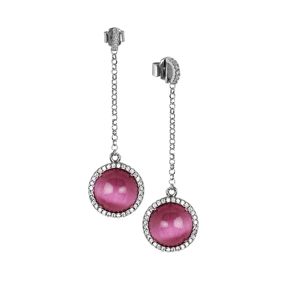 Orecchini con pendente di zirconi e cabochon fucsia gatteggiante