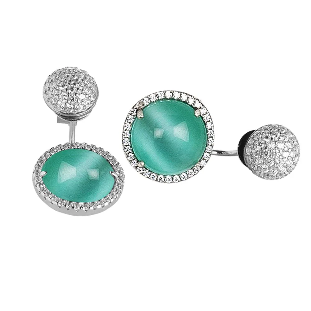 Orecchini reversibili con zirconi e cabochon verde acqua gatteggiante