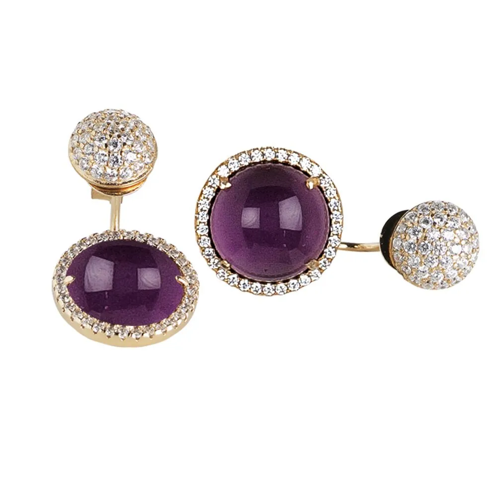 Orecchini reversibili con zirconi e cabochon color ametista gatteggiante