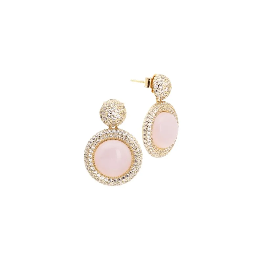 Orecchini con pavè di zirconi e cabochon rosa chiaro
