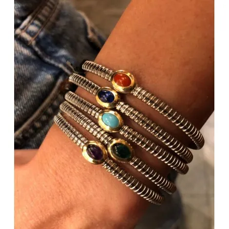 Bracciale Rigido Acciaio Argento e Oro Giallo Pietra Naturale
