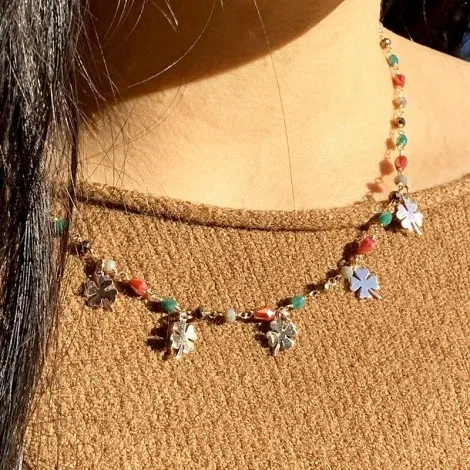 Collana Raggi Pietre Colorate Quadrifogli Pendenti