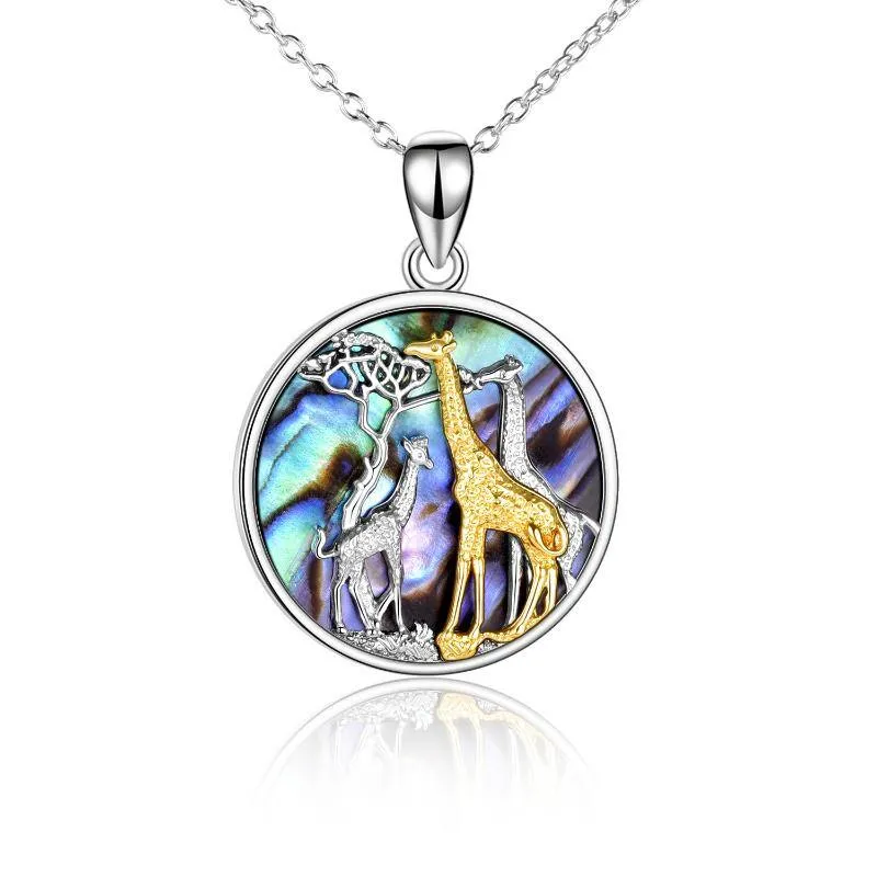 Collana con ciondolo a forma di giraffa con conchiglia di abalone bicolore in argento sterling per donna e uomo