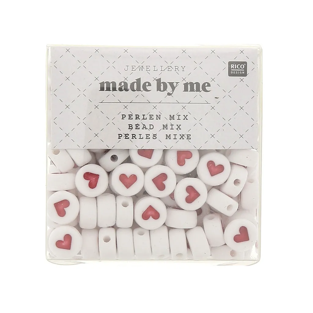 Assortimento di 165 perline - cuori - 7 mm Bianco/Rosso