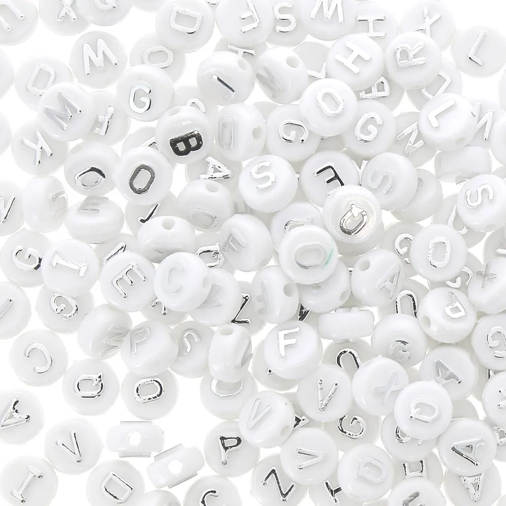 Assortimento di 200 perline- Lettere -in rilievo 9.5 mm - Bianco - Argentato
