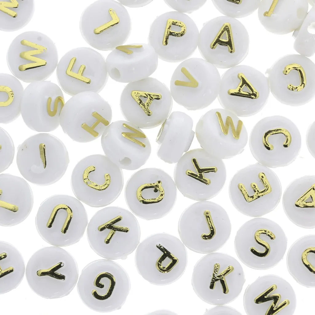 Assortimento di 200 perline- Lettere -in rilievo 9.5 mm - Bianco - Dorato