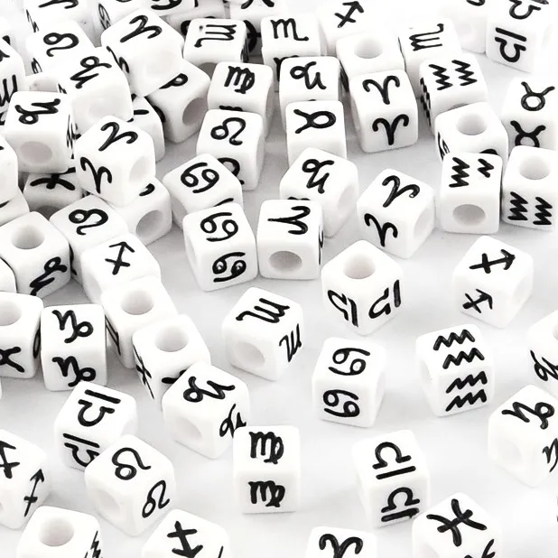 Assortimento di 50 perline cubiche del segno zodiacale 7 mm - Bianco - Nero
