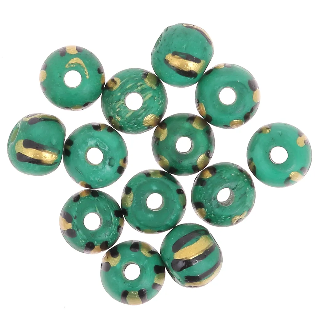 Assortimento di perle rotonde appiattite 10x8 mm in osso colorato - a righe - verde - dorato x20