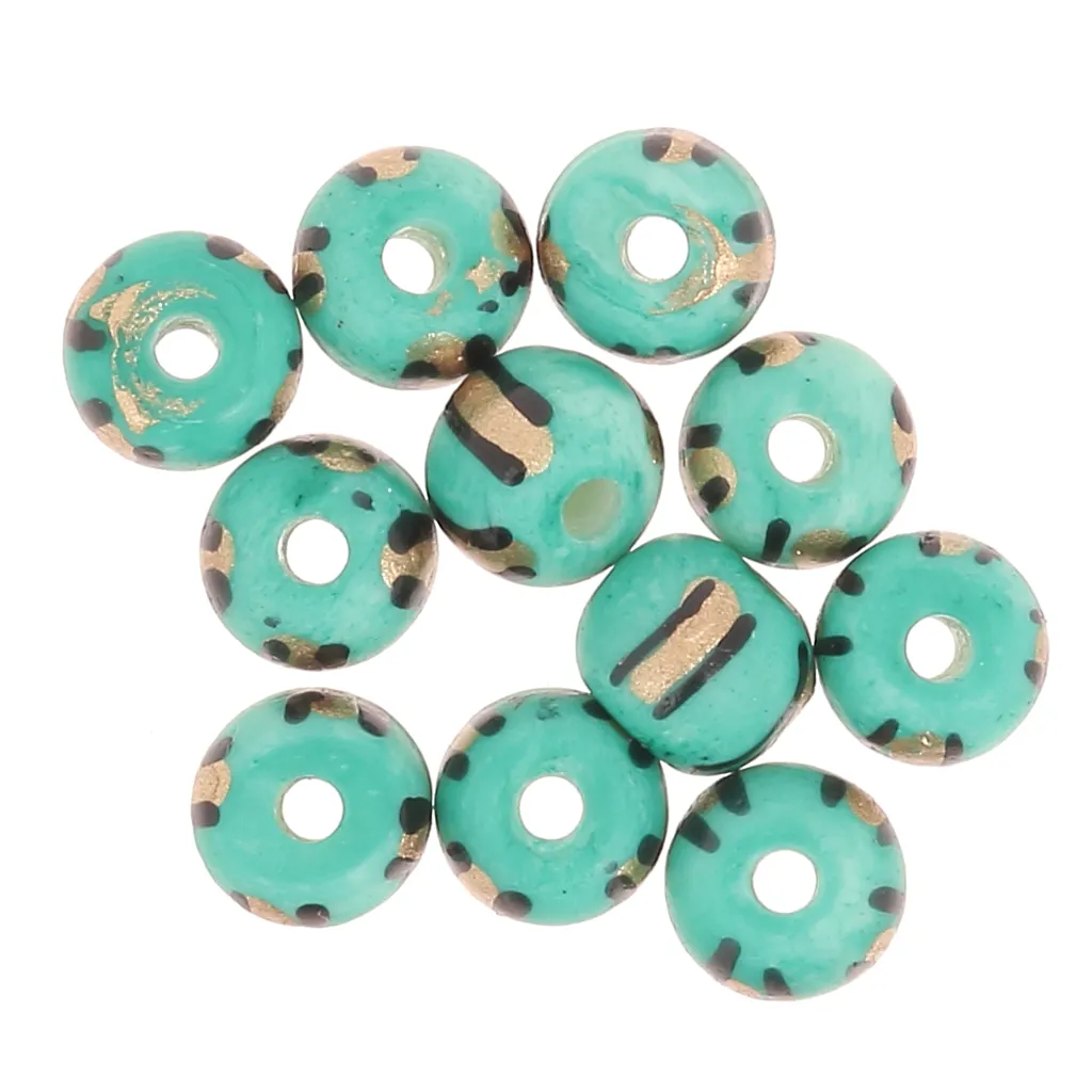 Assortimento di perle tonde appiattite 8x7 mm in osso colorato - a righe - verde - dorato x20