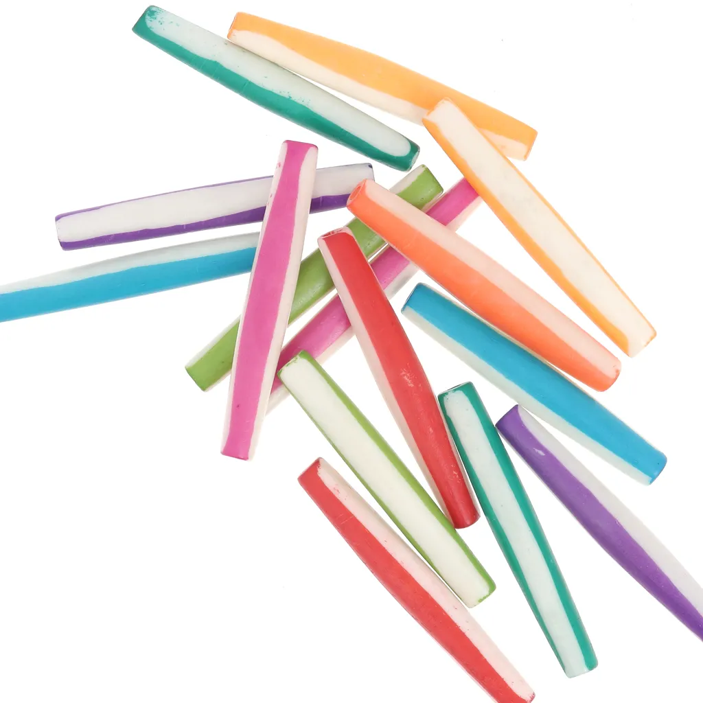 Assortimento di perle tubolari in osso colorato 50x8 mm - Motivo a righe - Multicolore x49g