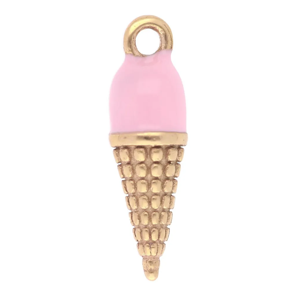 Ciondolo a forma di cono gelato 17x5 mm in resina epossidica - Acciaio inossidabile 304L Dorato - Rosa x1