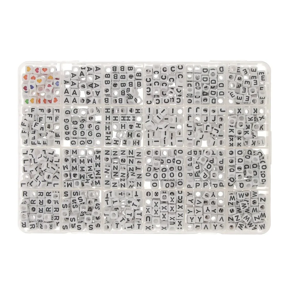 Cofanetto di 1200 perle lettere alfabeto e cuori forma cubo 6mm Nero - Multicolore