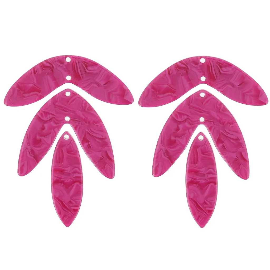 Set di 6 ciondoli a forma di foglia in acetato - 62x45 mm da montare - Lampone marmorizzato