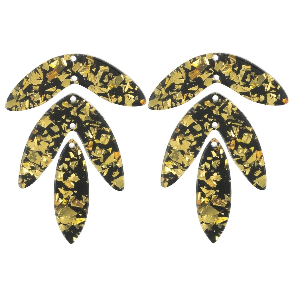 Set di 6 pendenti a forma di foglia - Acetato 62x45 mm da montare - Glitter oro - Nero