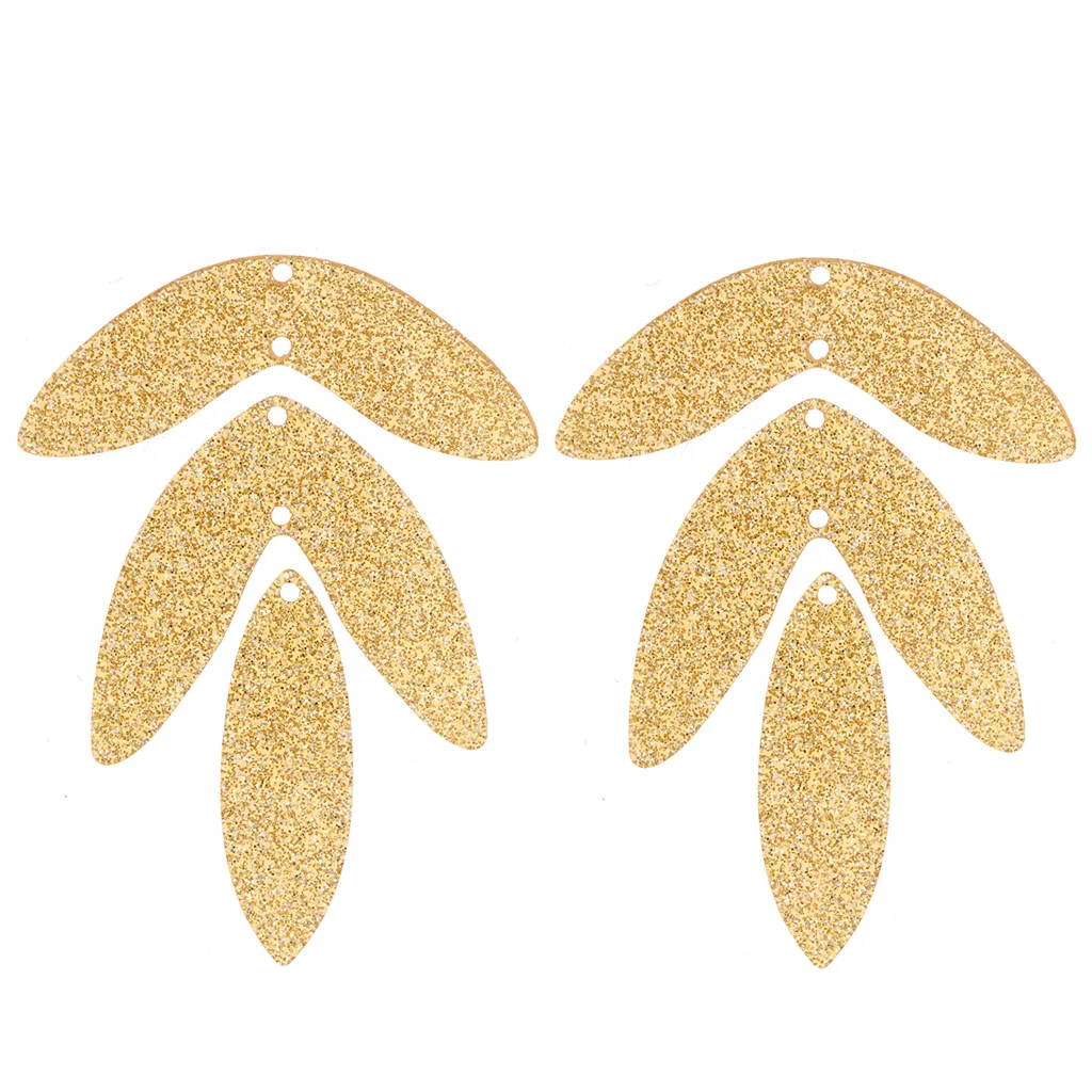 Set di 6 pendenti a forma di foglia in acrilico 62x45 mm da montare - Dorato glitterato
