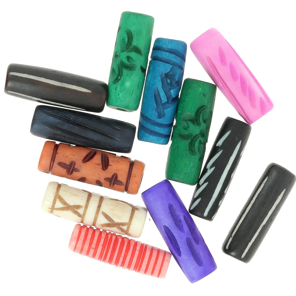Set di perle tubolari in osso incise 25x8 mm - Multicolore x24g