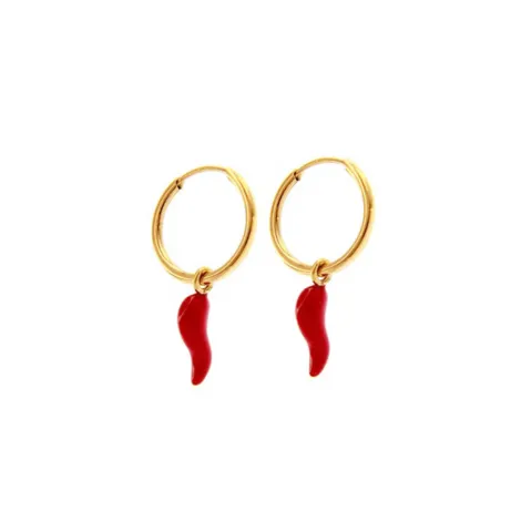 Orecchini Donna Raggi Cerchi con Corno Pendente in Oro Giallo 9kt e Smalto