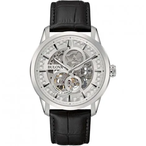 Orologio Solo Tempo Uomo Bulova Sutton Scheleton Automatic Acciaio Silver Pelle Nero 96A266