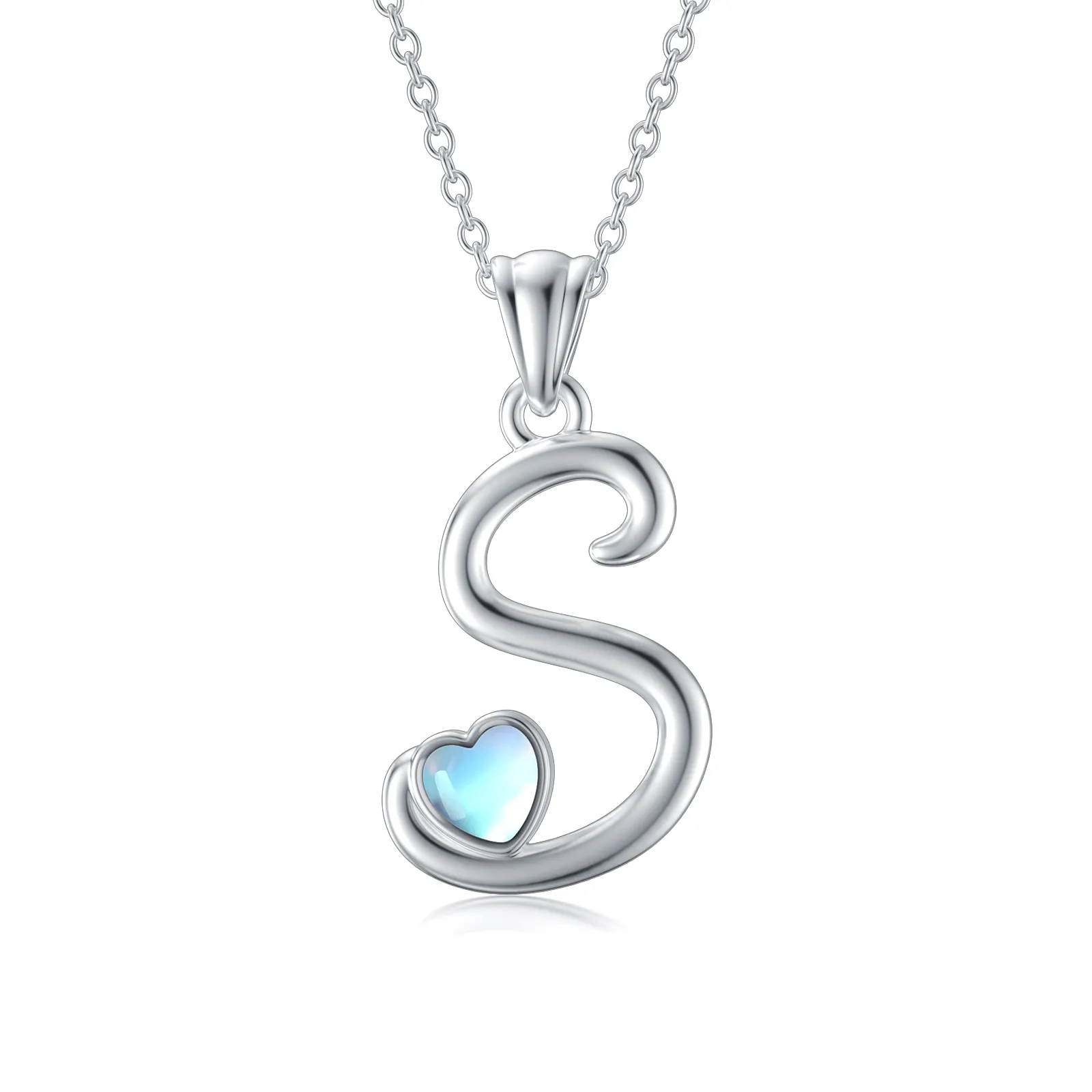 Collana con ciondolo a forma di cuore in argento sterling con pietra di luna e lettera iniziale S personalizzata per le migliori amiche delle donne